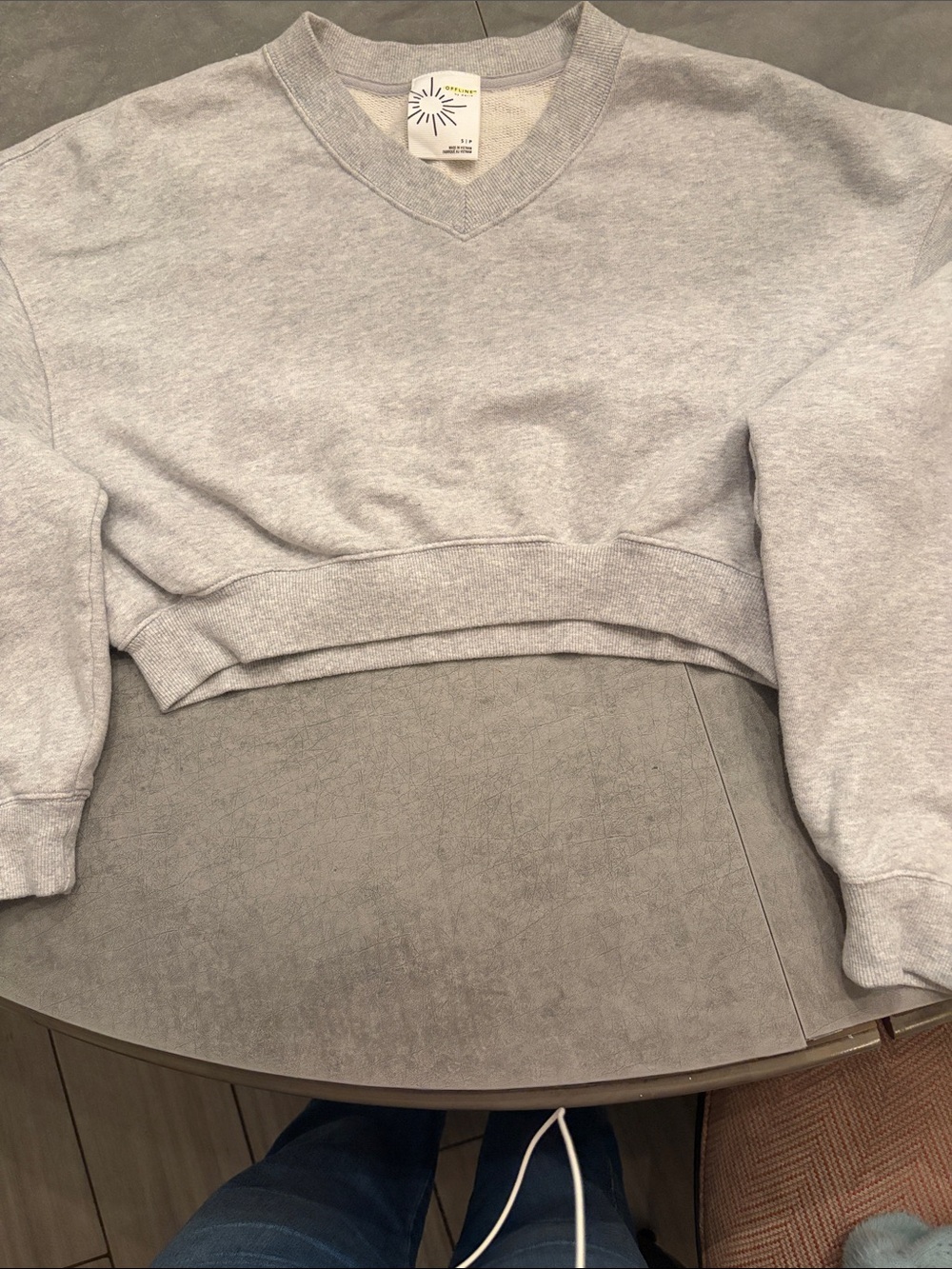 aerie Light Gray Cropped V-Neck Sweater